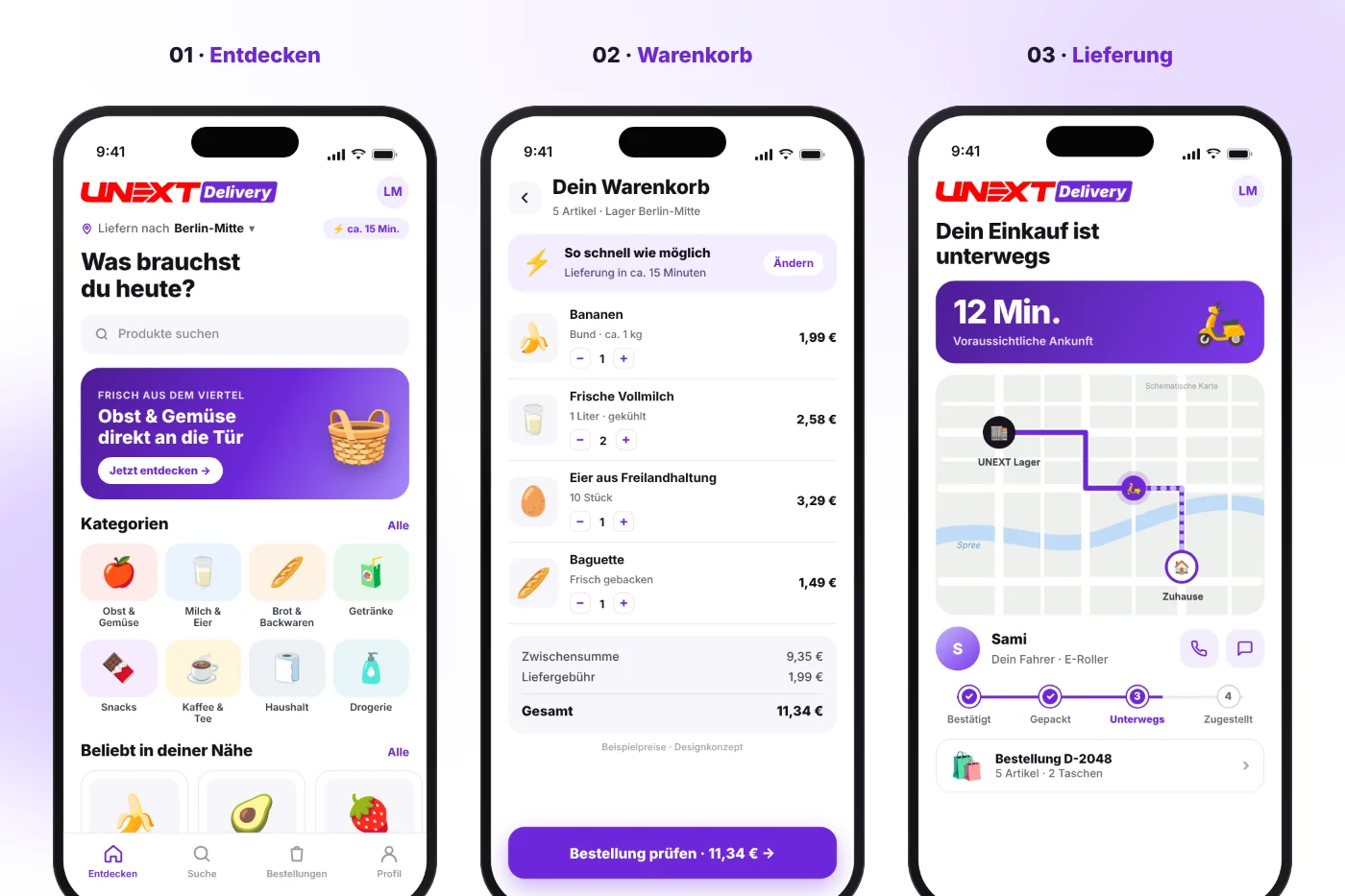 UNEXT Delivery Kunden-App mit Sortiment, Warenkorb und Lieferstatus