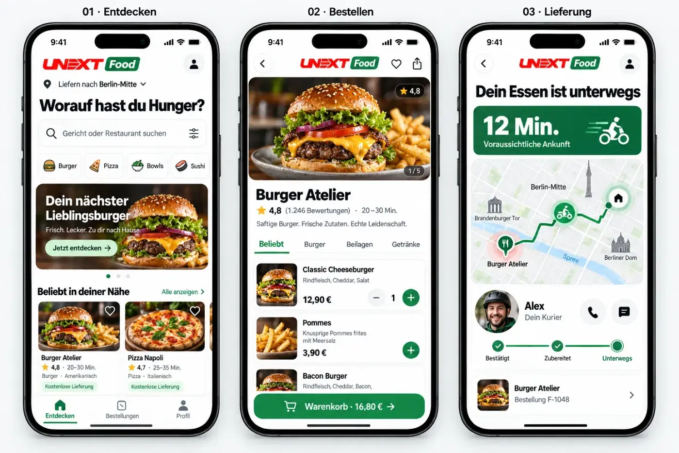 UNEXT Food Kunden-App mit Restaurantsuche, Bestellung und Lieferverfolgung