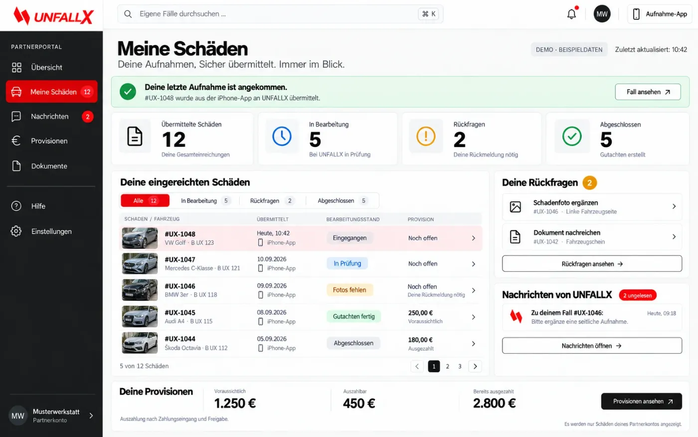 UNFALLX Partnerportal mit Fallübersicht und Bearbeitungsständen